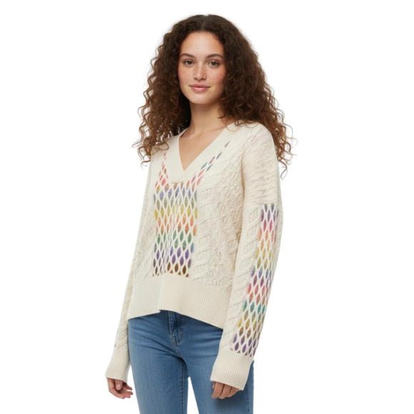 Maeve Anthropologie Cream Rainbow Open Knit Mostly Wool Sweater - Medium - Picture 1 of 10